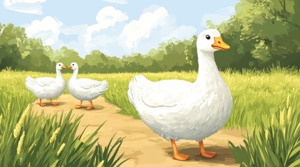 Obraz premium Three white geese walk along a dirt path through a field of green grass.