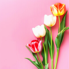 Fototapeta premium Colorful Tulips with Green Leaves on Pink Background