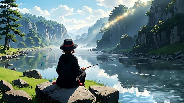 Seamless looping 4k time-lapse animation video background of a girl fishing by the river surrounded by lush forest and sunlight filtering through the trees. Scenic concept.