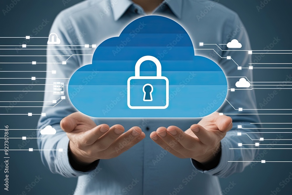 Poster modern cloud security solutions: abstract cloud shape with fortified lock symbol emphasizing data pr