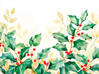 Elegant Watercolor Holly and Berries Design on a White Background, Ideal for Christmas Cards and Seasonal Decor