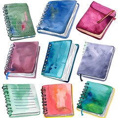 Colorful watercolour notebooks arranged neatly, showcasing various styles and designs for creative and organizational purposes.