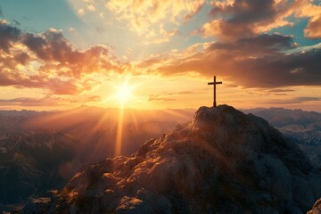 In the beauty of Biblical Christianity, the sunset flare highlights the Cross of Jesus on the mountaintop, standing tall as a powerful symbol, ai