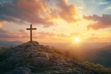 In the beauty of Biblical Christianity, the sunset flare highlights the Cross of Jesus on the mountaintop, standing tall as a powerful symbol, ai