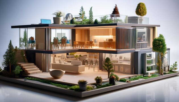 Intricate miniature house model showcasing a cross-section of modern living spaces,A miniature model of a residential neighborhood, featuring colorful houses and lush green landscaping,