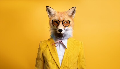 Modern fox in fashionable trendy outfit with hipster glasses and yellow business suit. Creative animal concept banner. Pastel yellow background banner with copyspace