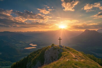 Obraz premium In the beauty of Biblical Christianity, the sunset flare highlights the Cross of Jesus on the mountaintop, standing tall as a powerful symbol, ai