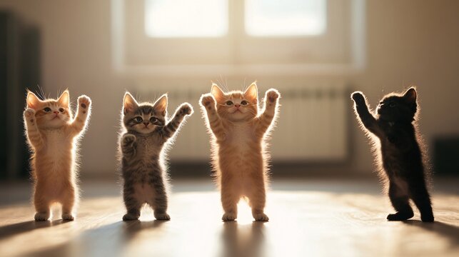Four adorable kittens standing on hind legs in sunlight indoors