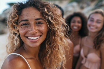 Fototapeta premium The happiness and love between friends are evident in their smiles and warm expressions, capturing the essence of shared joy and closeness.