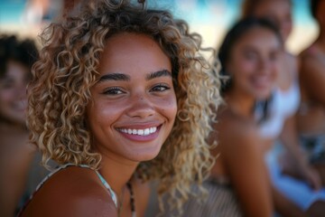 Obraz premium The happiness and love between friends are evident in their smiles and warm expressions, capturing the essence of shared joy and closeness.