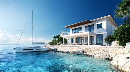 Luxury waterfront villa with yacht in tropical location