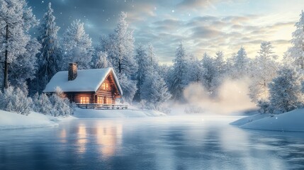Fototapeta premium Winter Wonderland: Snowy Trees, Frozen Lake, Cozy Cabin