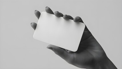 A modern business card design, featuring a plain white card with rounded corners held by a smooth, outstretched hand.