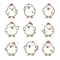 Set of nine cute cartoon chicks with various emotions.