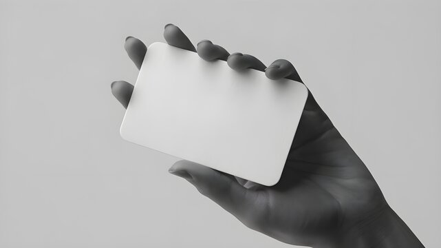 A modern business card design, featuring a plain white card with rounded corners held by a smooth, outstretched hand.