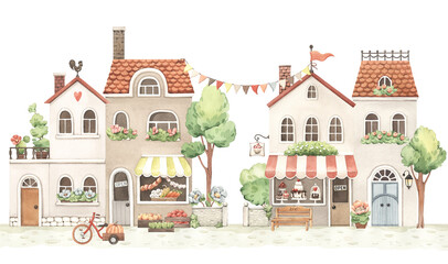 Cute town with candy store and farm shop, watercolor isolated illustration with houses, trees and flowers. Children colorful hand drawn poster. © Nikole