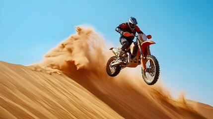 Obraz premium A motorbike captured mid-air as it jumps over a sand dune, with sand flying and a clear blue sky above.