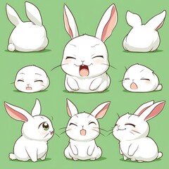 Obraz premium Set of cute cartoon white rabbits with different expressions and poses.