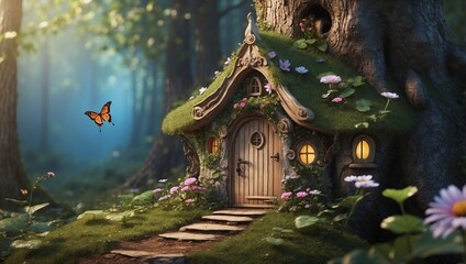 Fototapeta premium Magical Fairy House in Forest with Butterfly Adorning the Door