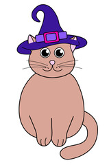 Cute Halloween Cat in costume Witch. Holiday funny character. Vector Flat Illustration.