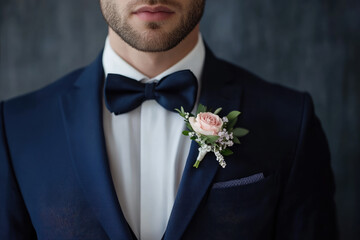 Groom wearing blue suit with bow tie and boutonniere posing for photo