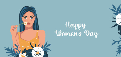 International Women's Day greeting card. Vector holiday card with banner March 8, woman in flowers. Feminism concept, women empowerment, gender equality for website, booklet, flyer, banner