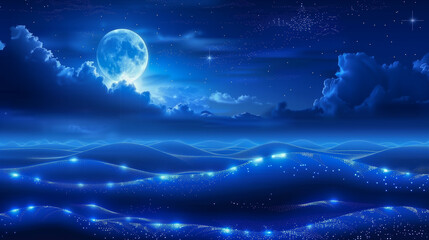 Luminous moonlit night sky over glowing digital waves..