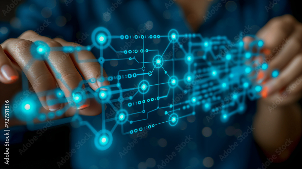 Poster hands interacting with digital network of glowing blue nodes..
