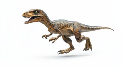 Fototapeta premium A detailed and realistic 3D rendering of a velociraptor dinosaur standing against a white background, displaying its swift and agile nature.