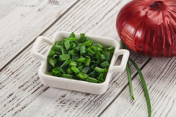 Diced green onion in the bowl
