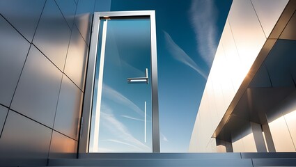 A sleek modern glass door in a futuristic building, reflecting the sky with faint hints of clouds and sunlight