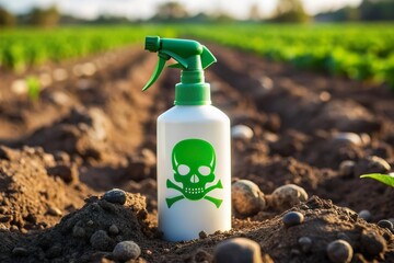 toxic green pesticide and herbicide spray bottle on farm soil