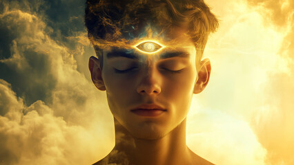 A serene young man in meditation, third eye awakening