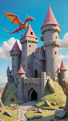 Fantasy castle with dragon on the background of blue sky. 3d render