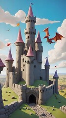 Fantasy castle with flying dragons. 3D illustration. Fantasy world.