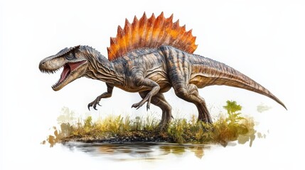 Fototapeta premium A detailed illustration of a Spinosaurus, an ancient prehistoric dinosaur with a distinctive sail-like spine, standing near water.