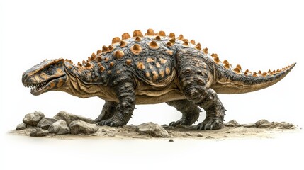 Obraz premium A detailed model of a Stegosaurus dinosaur with spiky plates along its back, standing on a rocky surface.