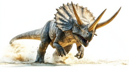 Fototapeta premium A dramatic depiction of a roaring Triceratops running on a white background, showcasing its powerful horns and dynamic movement.