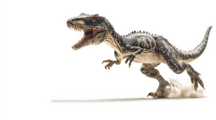 Naklejka premium A dynamic image of a roaring dinosaur in motion on a white background, highlighting its details and power.