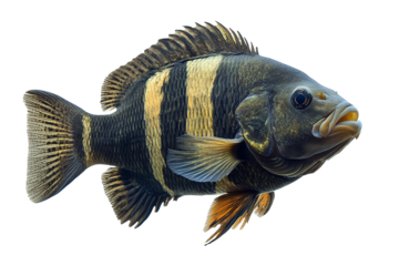 A vibrant fish displaying striking black and gold stripes, swimming gracefully in clear water, showcasing its natural beauty.