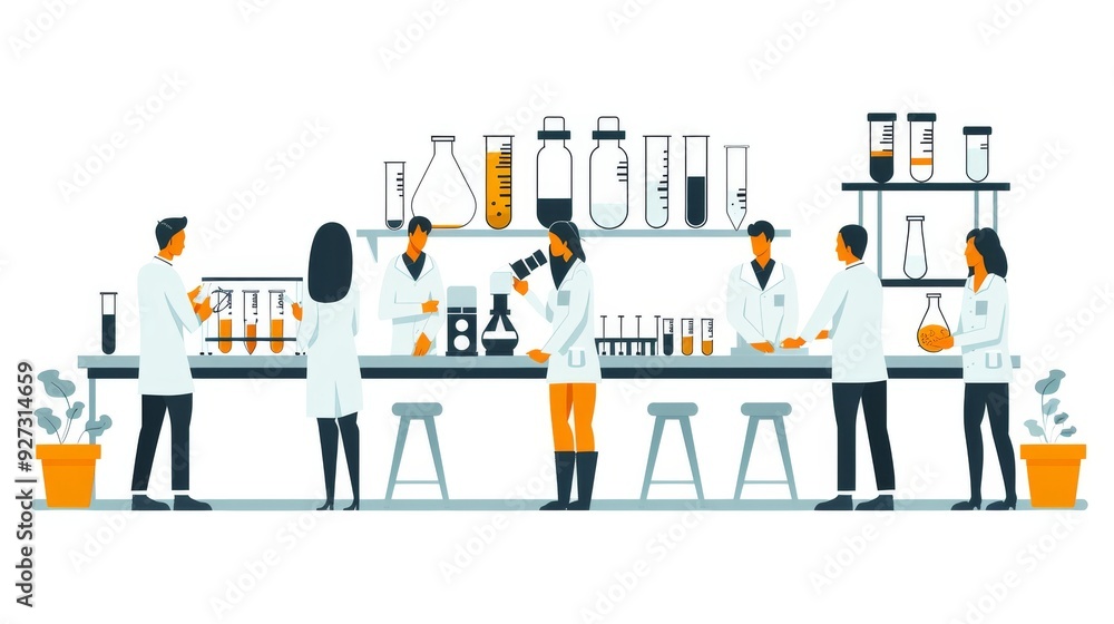 Poster cartoon vector image of employees testing products for functionality, demonstrating quality assuranc