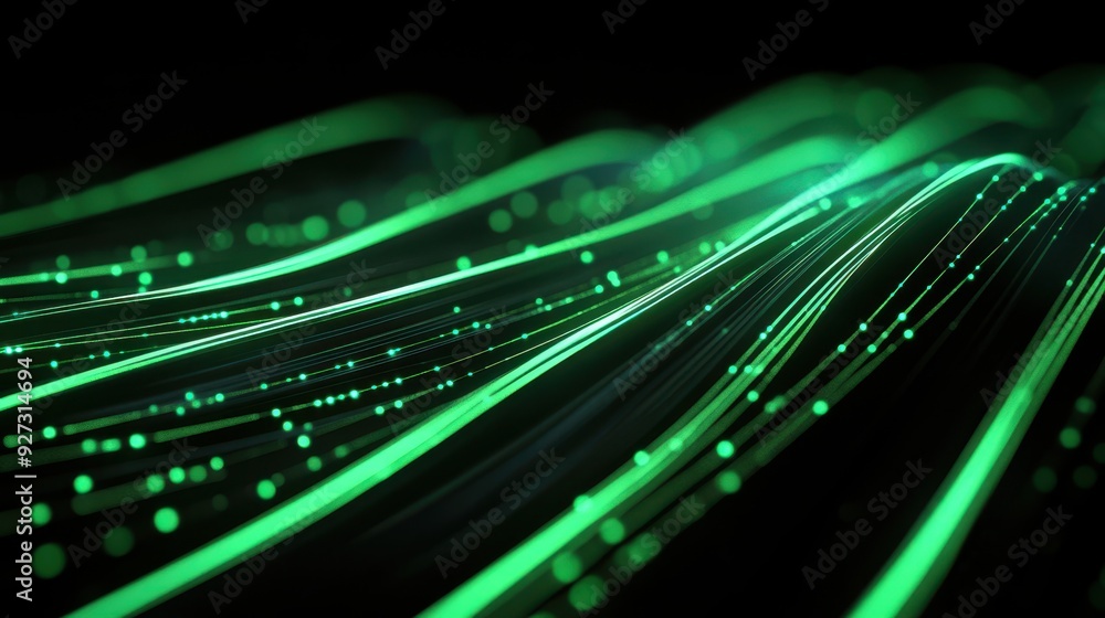 Poster a vibrant abstract representation of flowing green lines and glowing particles.