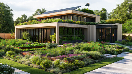 A detailed 3D model of a modern allotment with habitable garden shed with solar roof and Starlink reception dish with some lawn 10 meters wide x 40 meters long with vegetables and fruit, a fence and a