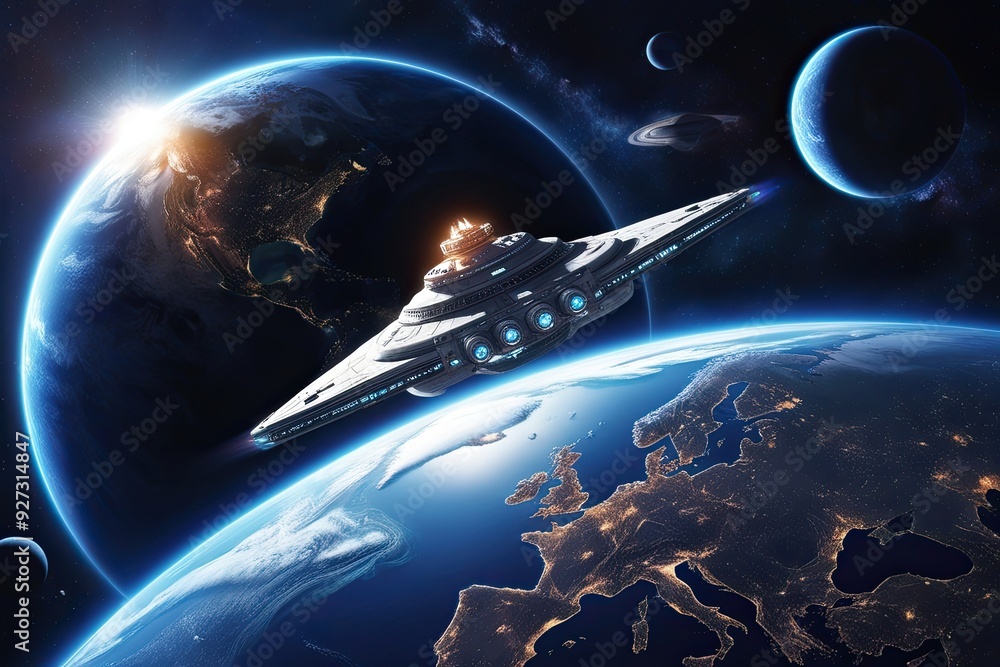 Poster high-quality 5k digital art of 3d cosmic scene with spaceship journey through earth and globe