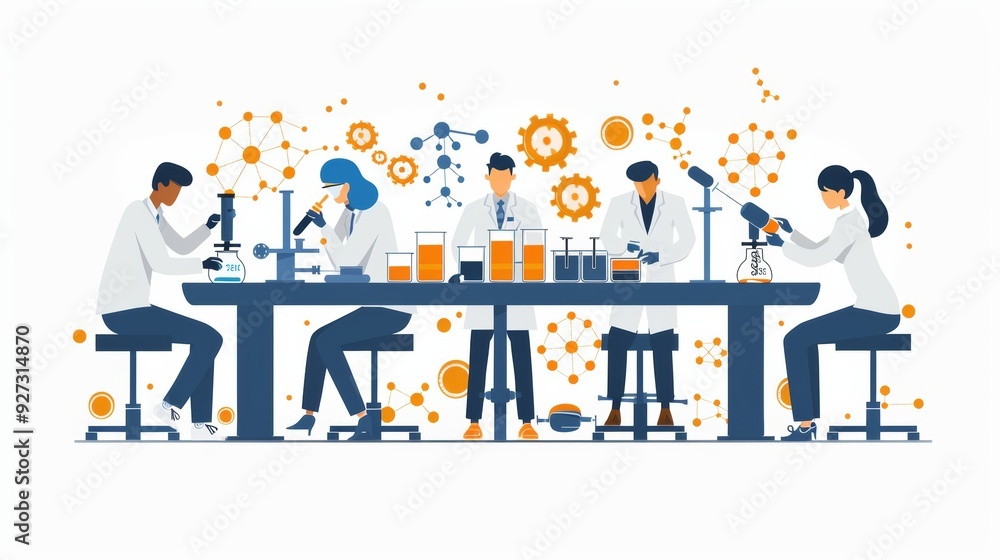 Poster cartoon vector image of employees testing products for functionality, demonstrating quality assuranc