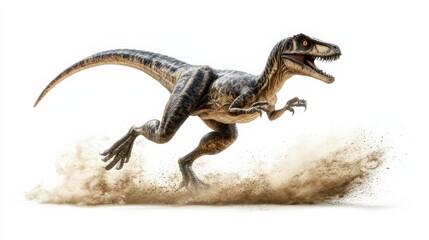 Fototapeta premium A fierce digitally rendered dinosaur in mid-run, showing a dynamic, powerful prehistoric predator against a white background.