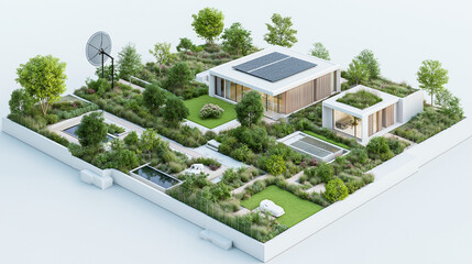 A detailed 3D model of a modern allotment with habitable garden shed with solar roof and Starlink reception dish with some lawn 10 meters wide x 40 meters long with vegetables and fruit, a fence and a