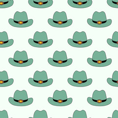 Seamless Pattern with retro Cowboy green hat. Western and wild west theme background. Hand drawn vector flat illustration.