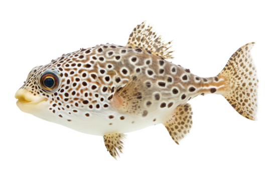 A vibrant puffer fish with intricate patterns swimming gracefully against a clean white background.