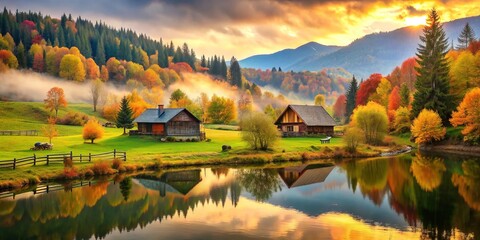Fototapeta premium Serene Landscape Idyllic Escape Nature's Harmony Soft Focus Warm Tones Vibrant Colors Delightful Surroundings Whimsical Vibe Fresh Air Rustic Charm